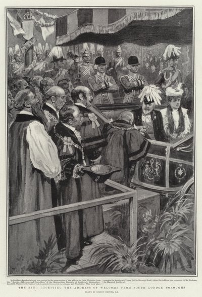 El Rey recibiendo la dirección de bienvenida de los distritos del sur de Londres de Gordon Frederick Browne